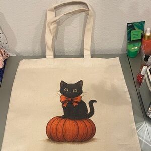 Black Cat Tote Bag with Orange Pumpkin Design